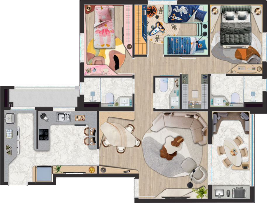 Planta do Apartamento Horizon de 95m² 3 dormitórios, 1 suíte